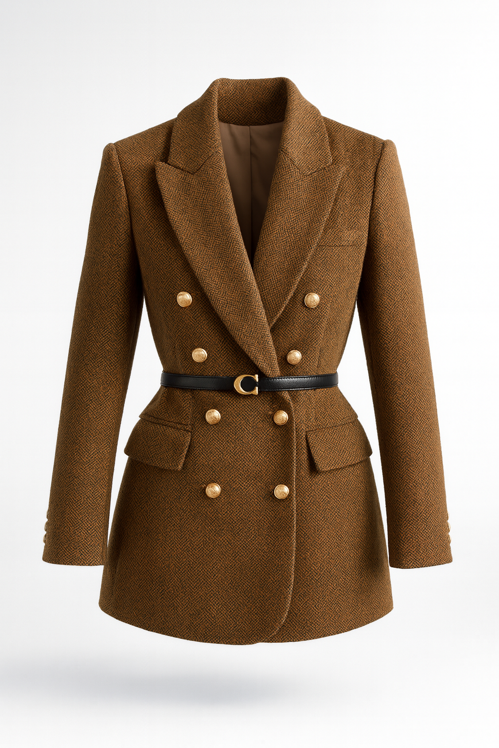 Women's double-breasted herringbone blazer with a belt - brown