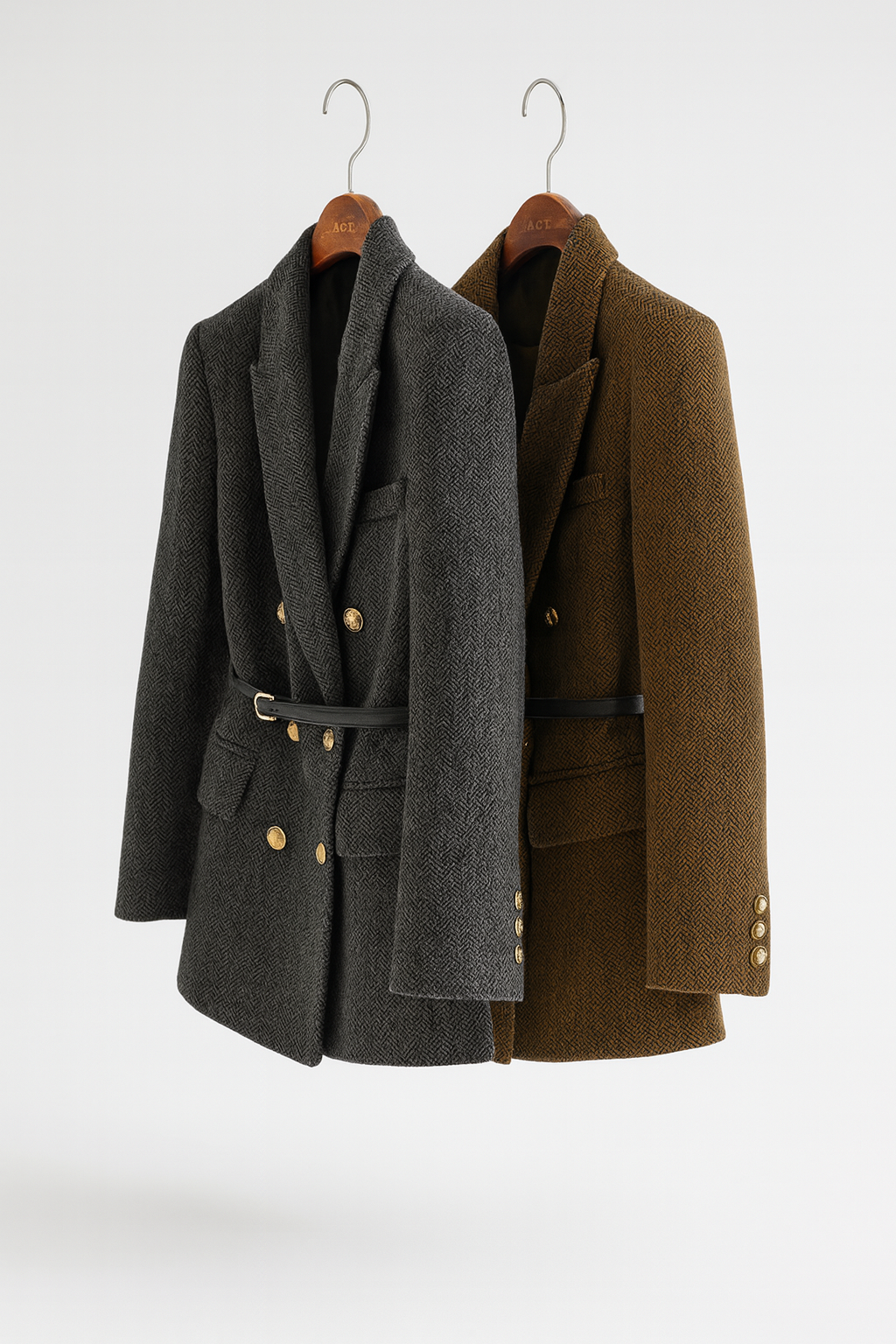 Women's double-breasted herringbone blazer with a belt