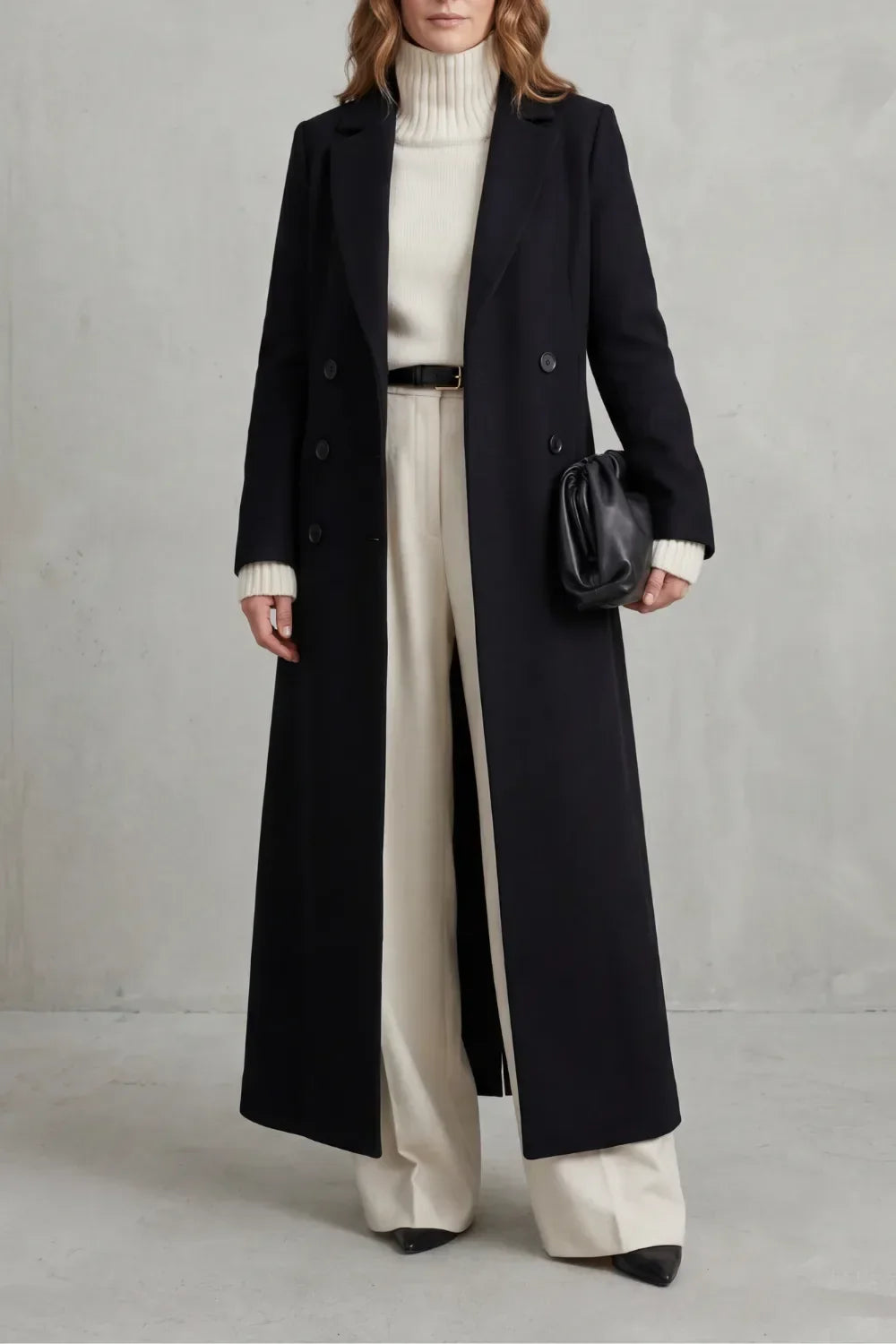 Women's double-breasted maxi coat in wool look with notch lapels, falling to the ankle - black