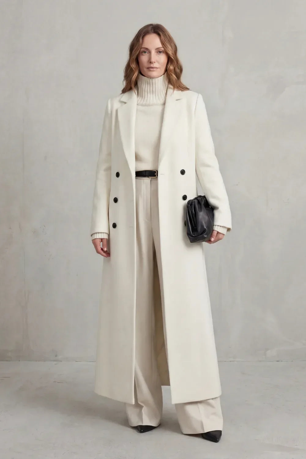 Women's double-breasted maxi coat in wool look with notch lapels, falling to the ankle