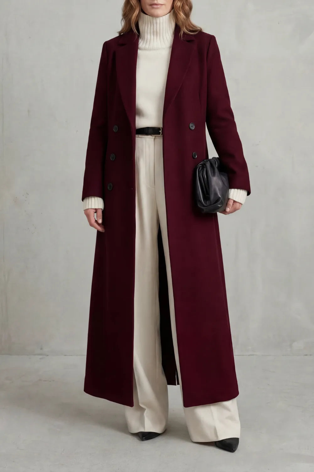 Women's double-breasted maxi coat in wool look with notch lapels, falling to the ankle - burgundy