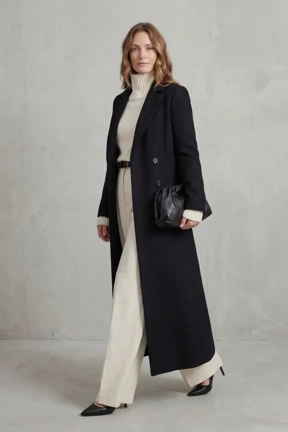 Women's double-breasted maxi coat in wool look with notch lapels, falling to the ankle