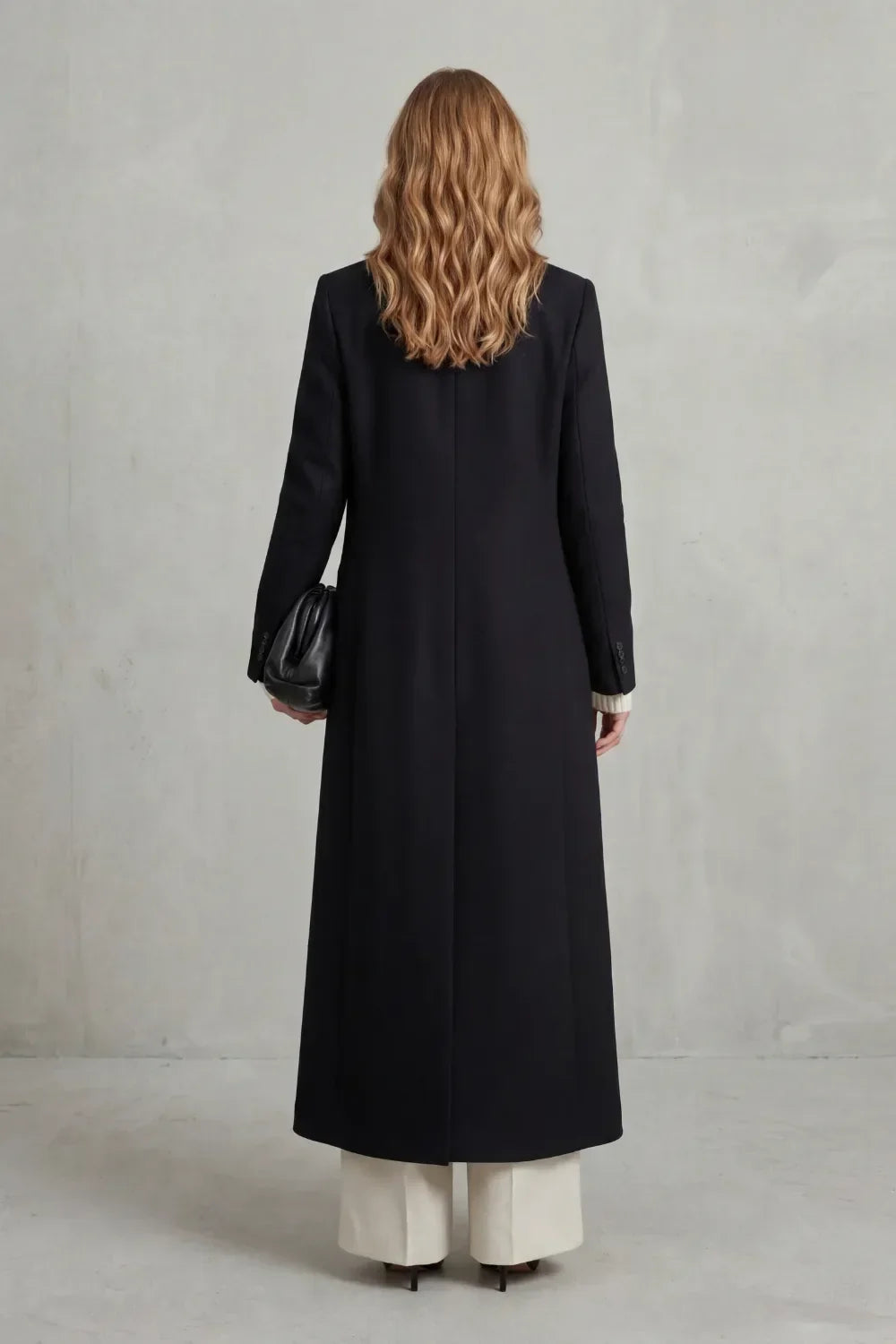 Women's double-breasted maxi coat in wool look with notch lapels, falling to the ankle