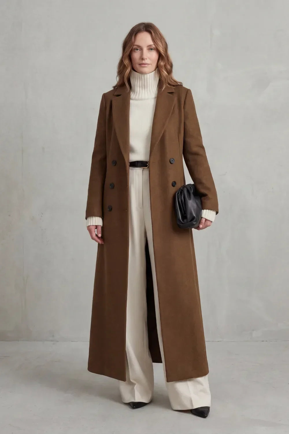 Women's double-breasted maxi coat in wool look with notch lapels, falling to the ankle