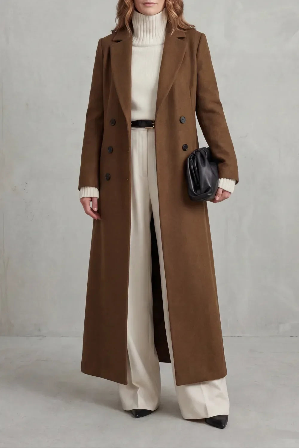 Women's double-breasted maxi coat in wool look with notch lapels, falling to the ankle - cognac brown