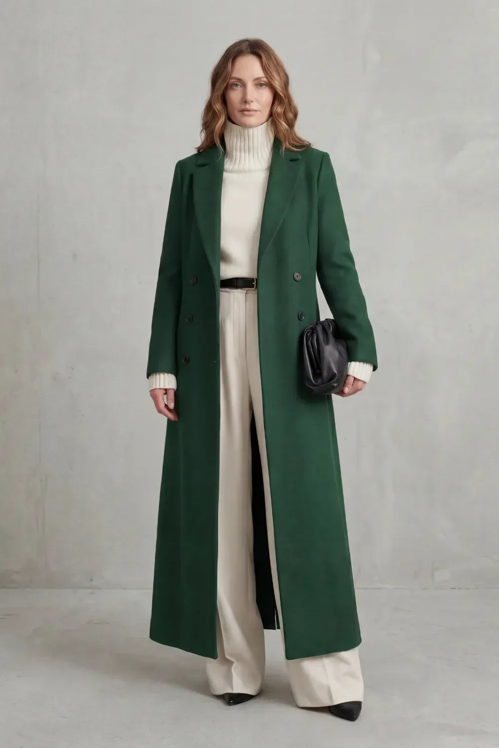 Women's double-breasted maxi coat in wool look with notch lapels, falling to the ankle