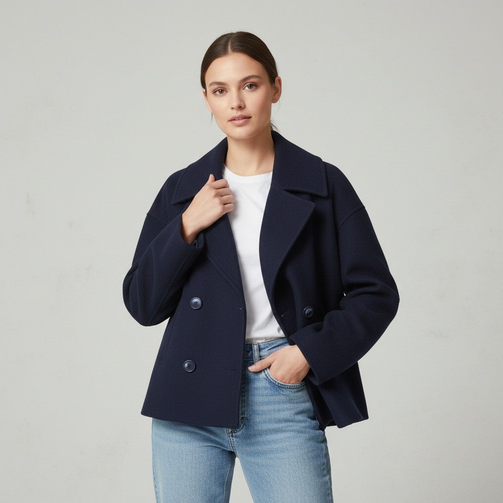 Short peacoat with a wide lapel and two rows of buttons