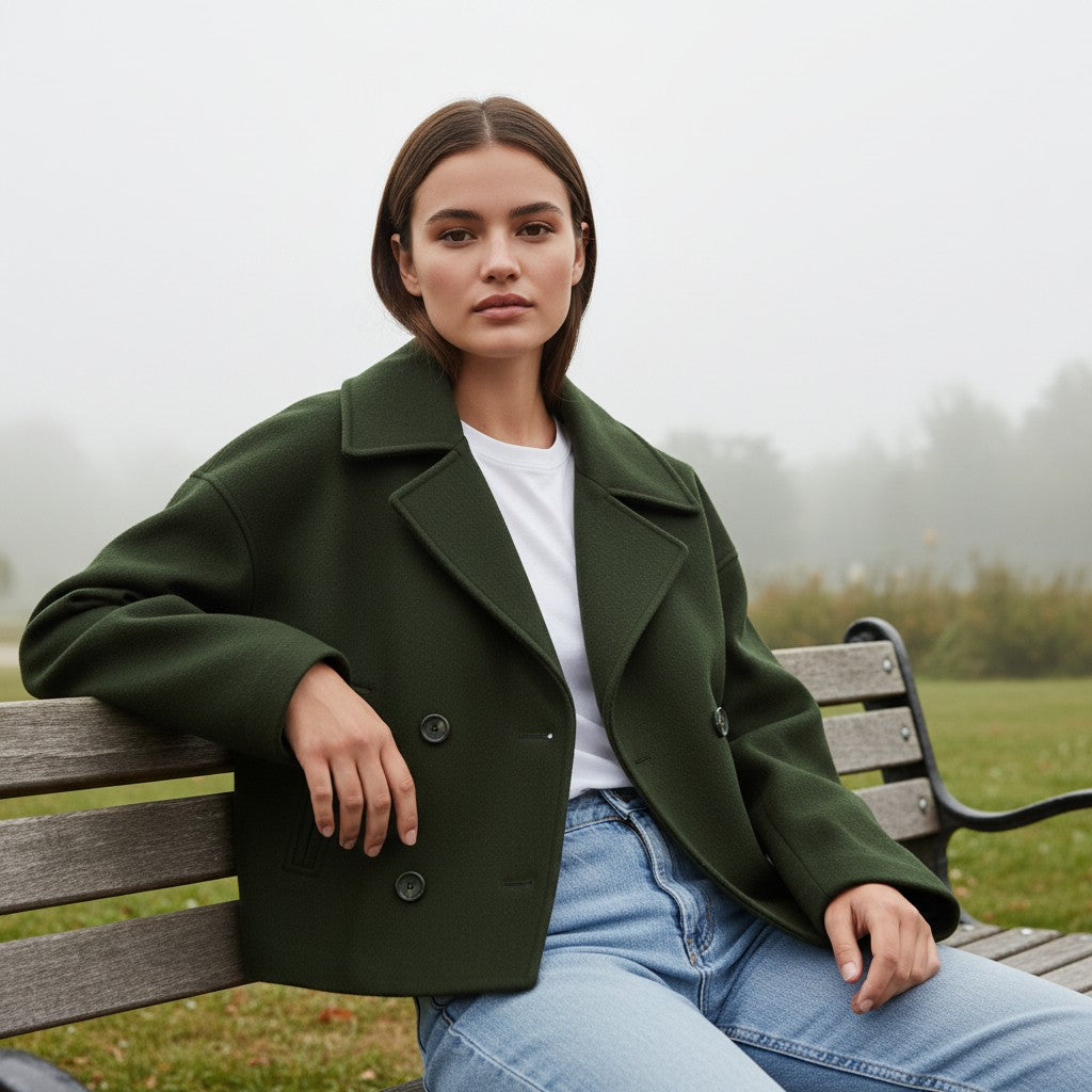 Short peacoat with a wide lapel and two rows of buttons