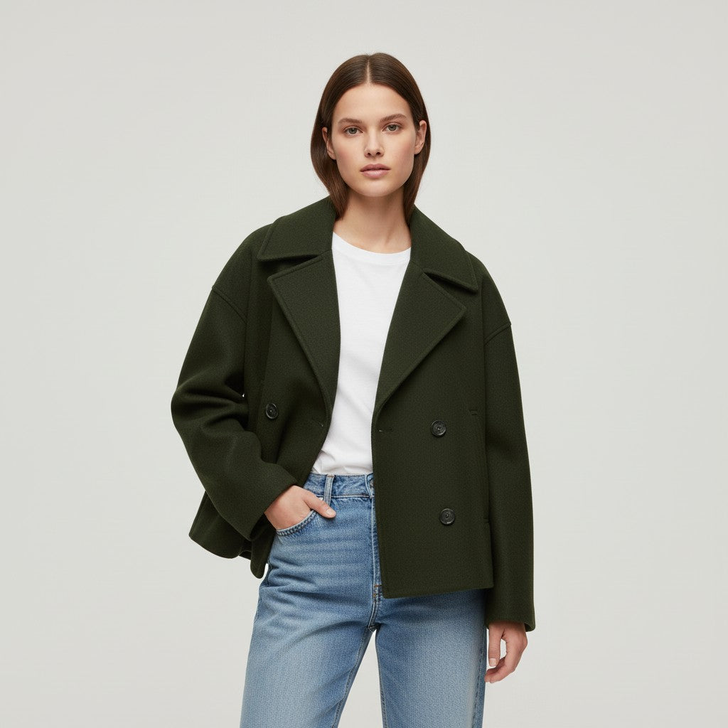 Short peacoat with a wide lapel and two rows of buttons in green