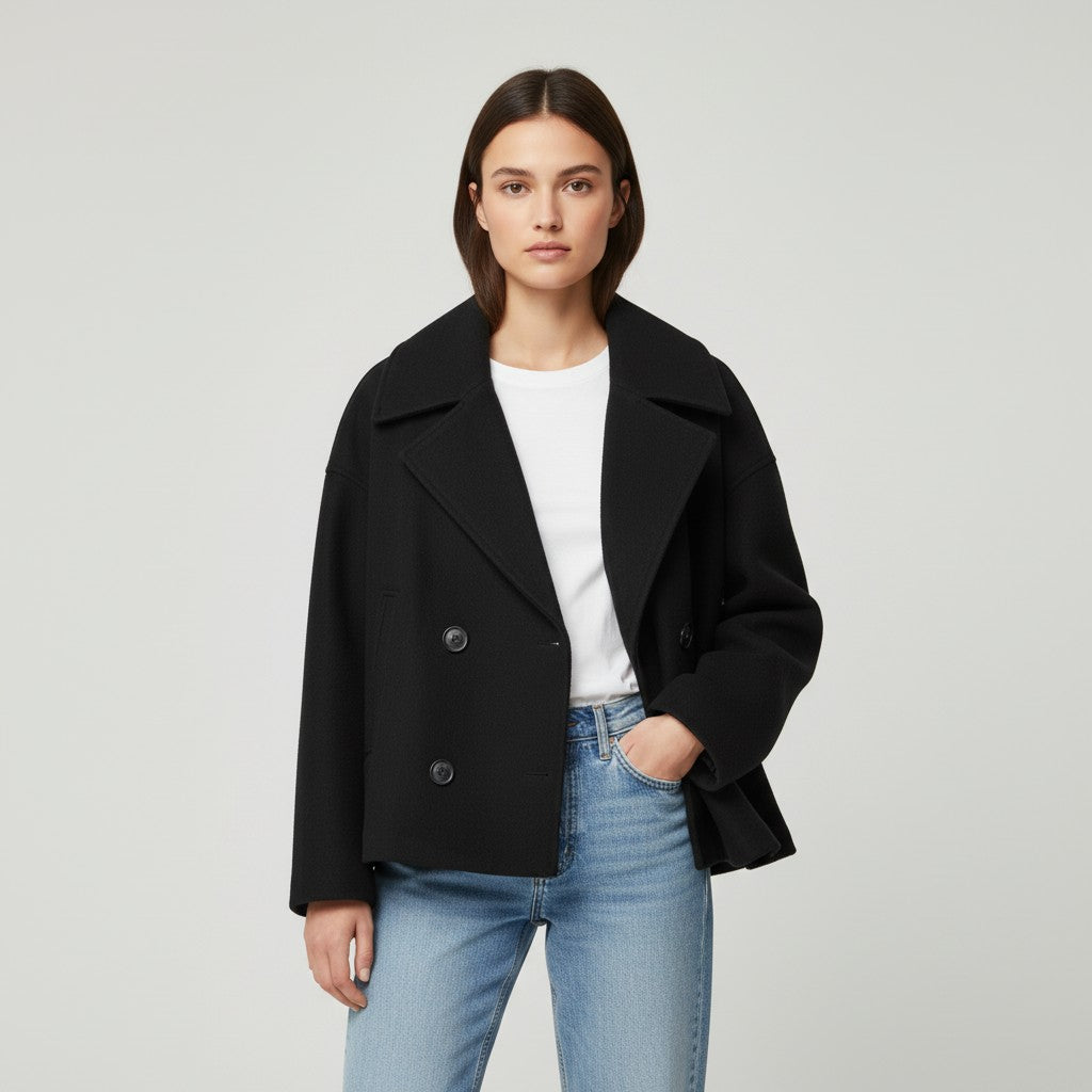 Short peacoat with a wide lapel and two rows of buttons in black