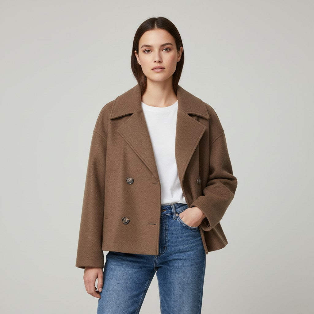 Short peacoat with a wide lapel and two rows of buttons in brown