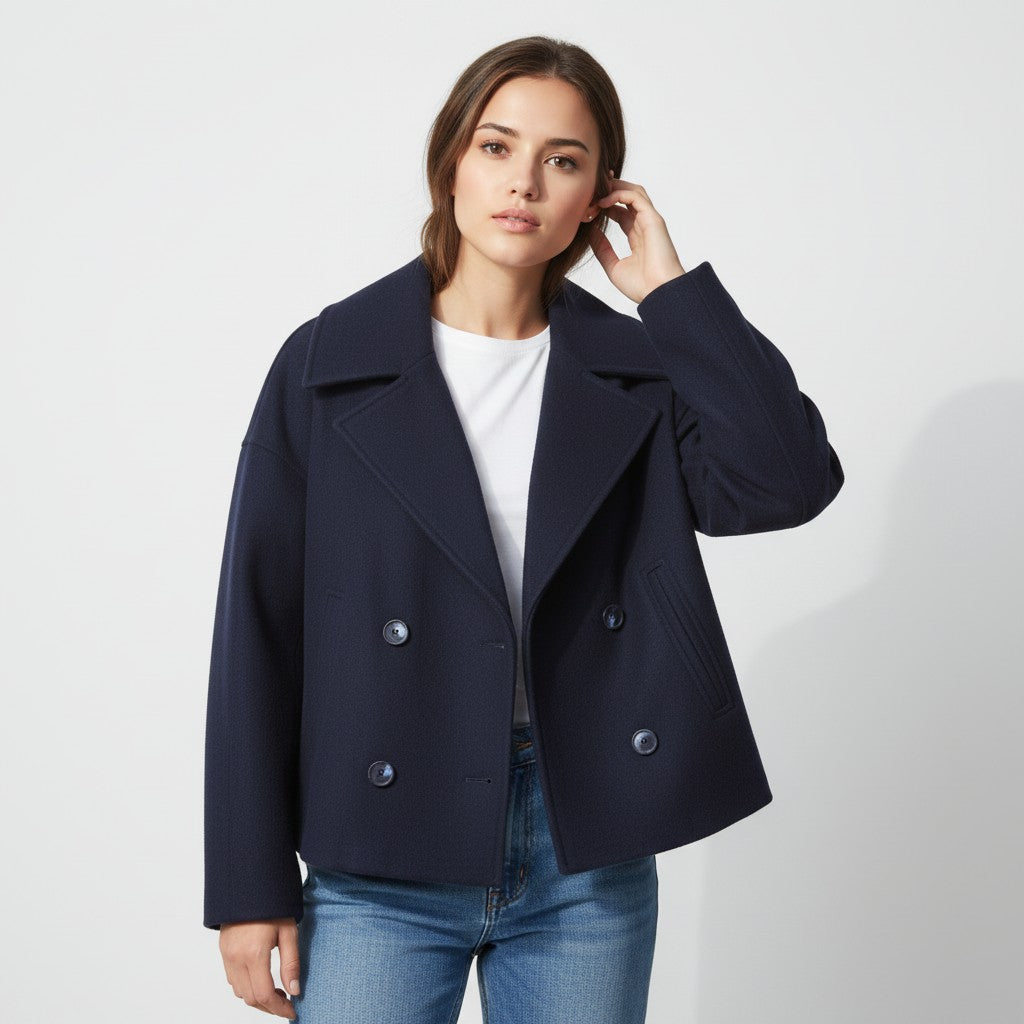 Short peacoat with a wide lapel and two rows of buttons in navy