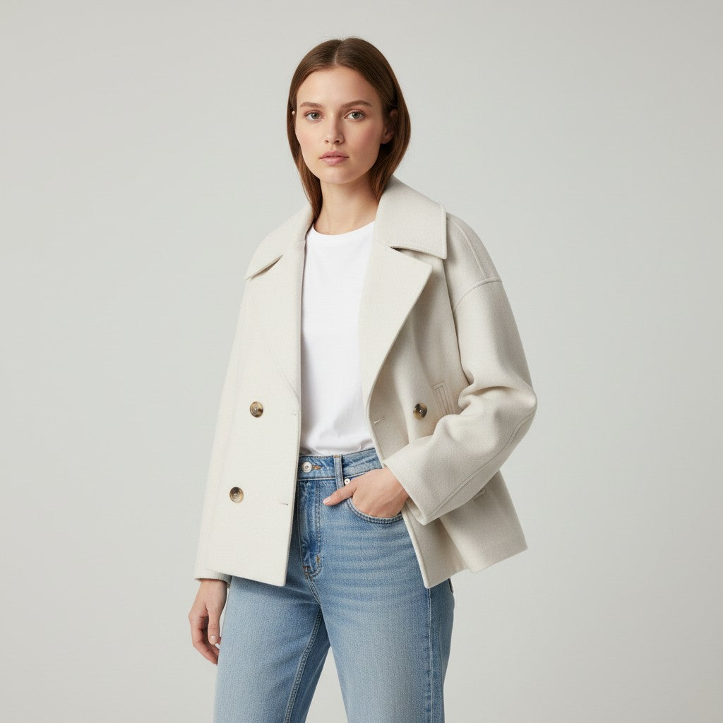 Short peacoat with a wide lapel and two rows of buttons in beige