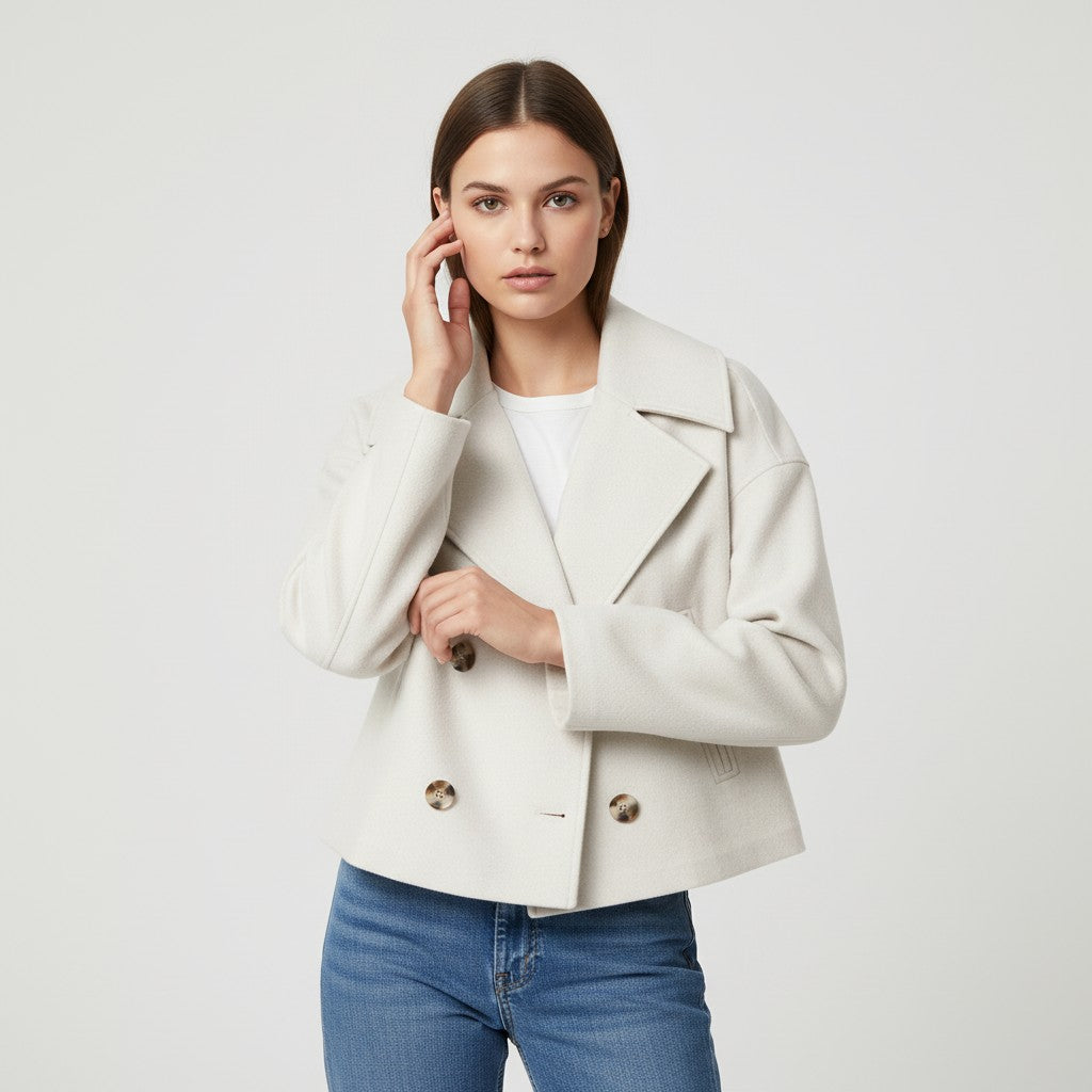 Short peacoat with a wide lapel and two rows of buttons