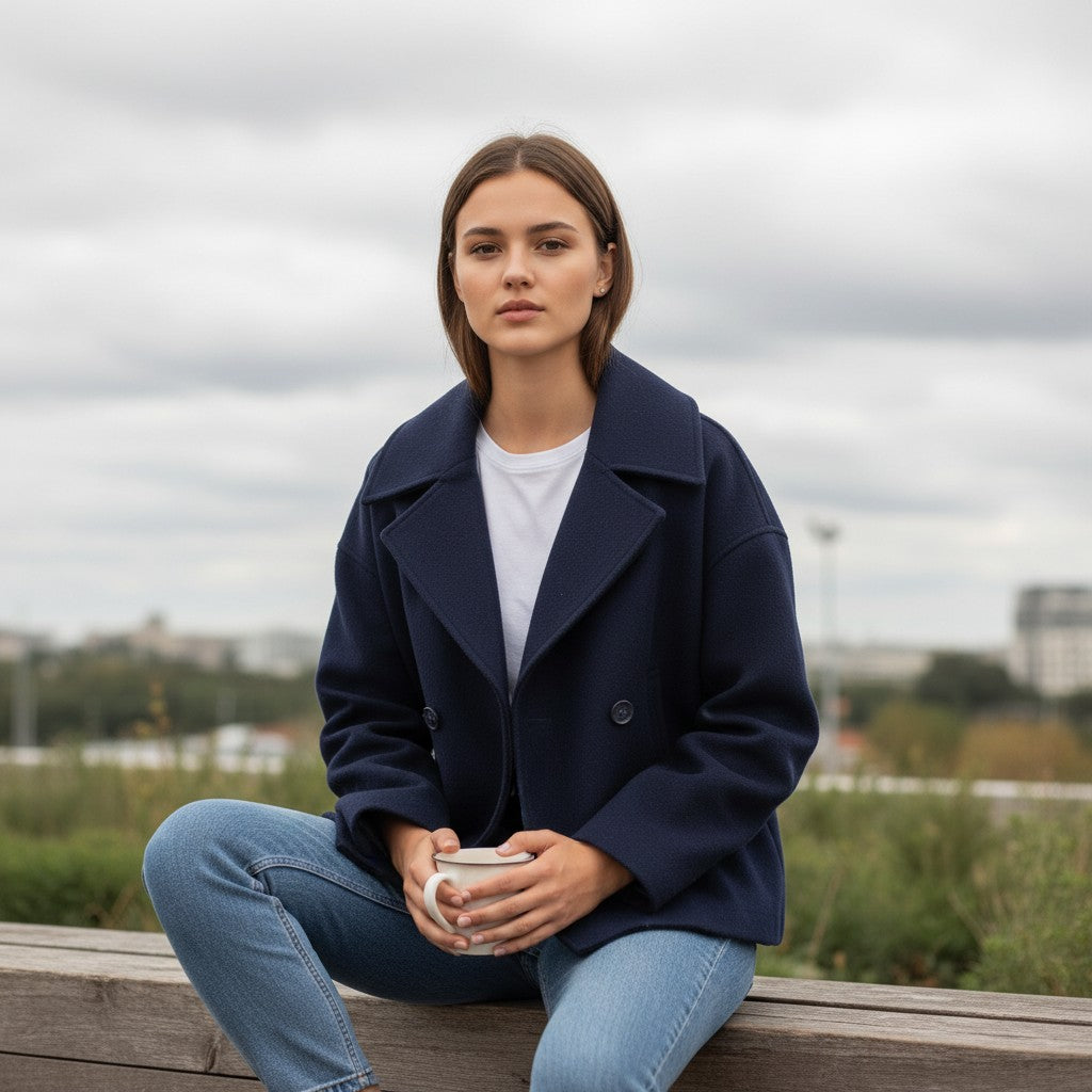Short peacoat with a wide lapel and two rows of buttons