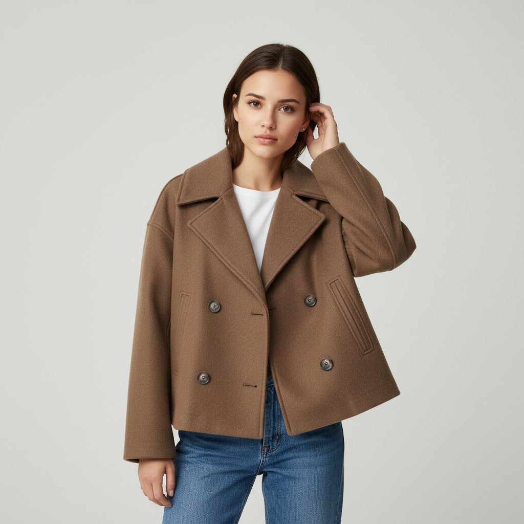 Short peacoat with a wide lapel and two rows of buttons