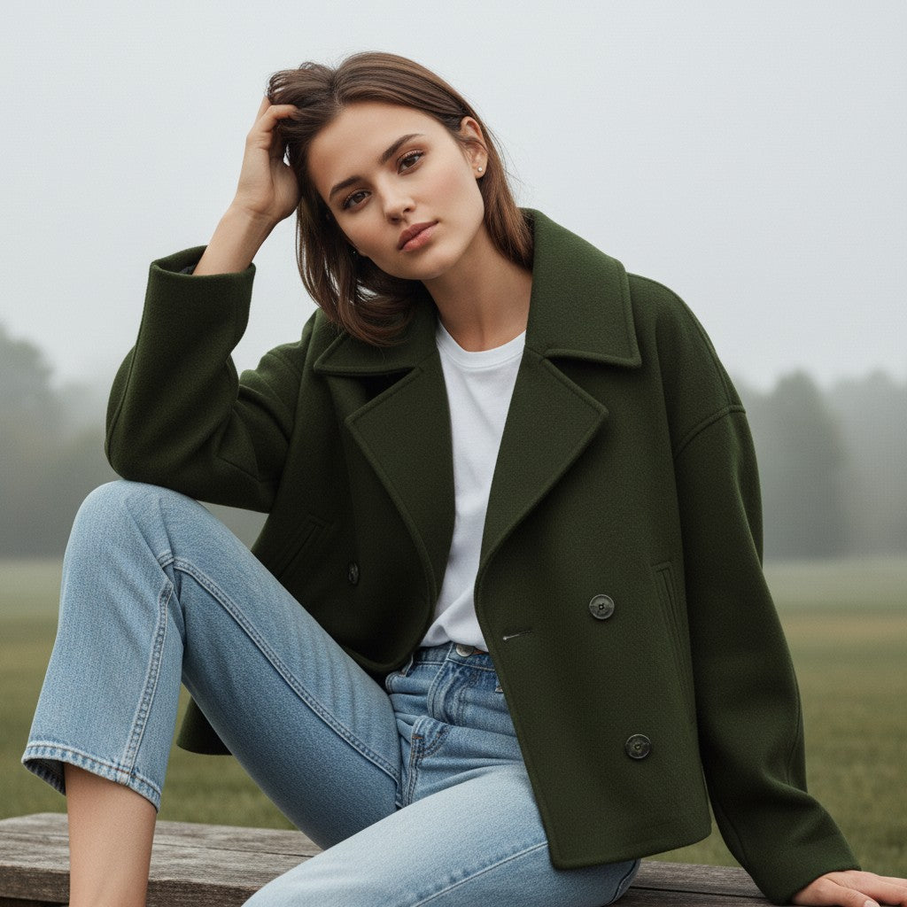 Short peacoat with a wide lapel and two rows of buttons