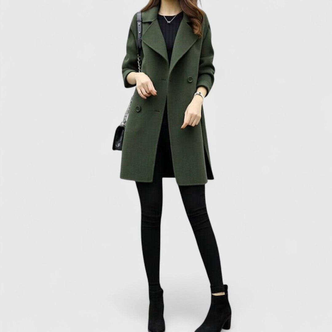 Women's double-breasted wool-look coat with wide lapels - army green