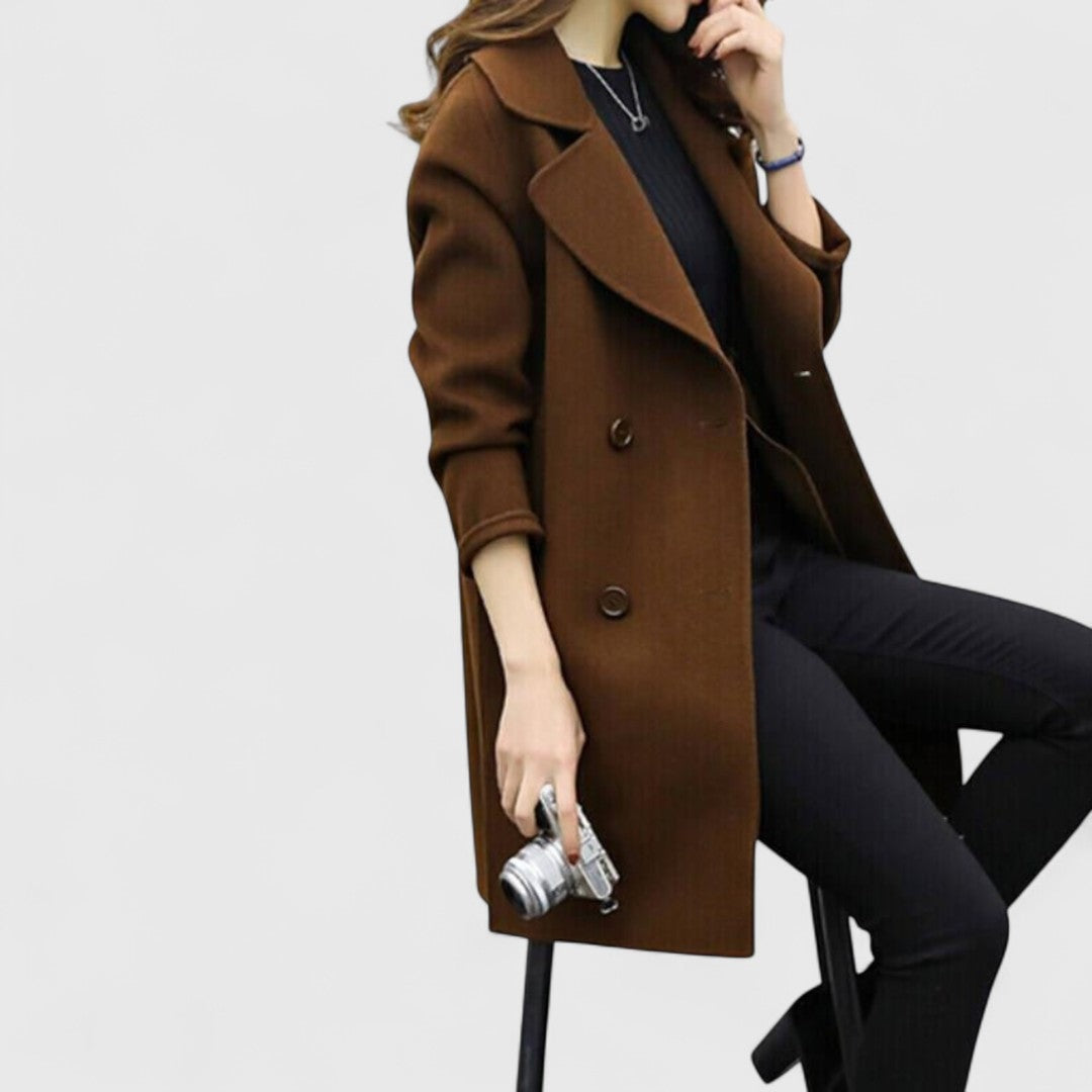 Women's double-breasted wool-look coat with wide lapels - brown