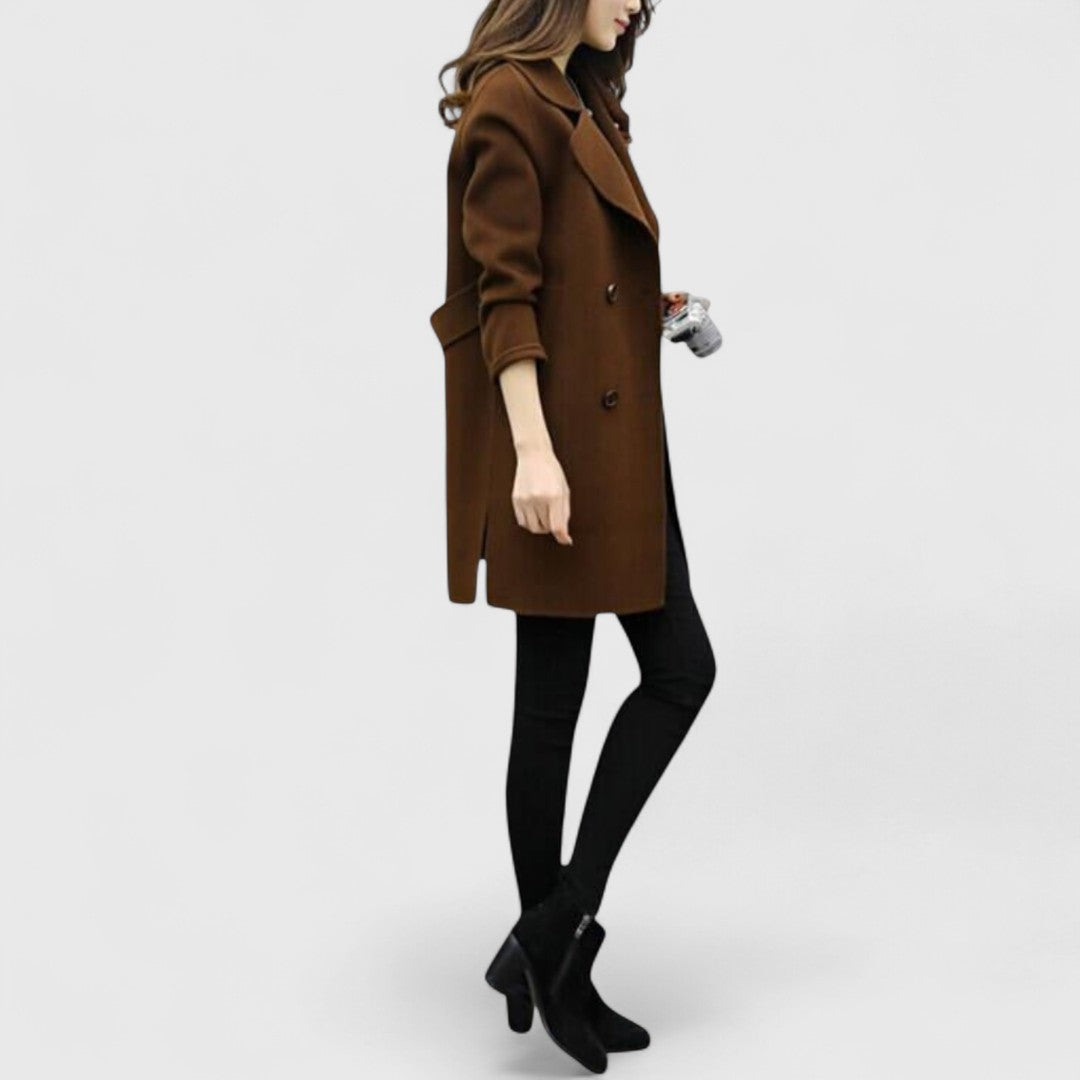 Women's double-breasted wool-look coat with wide lapels - brown