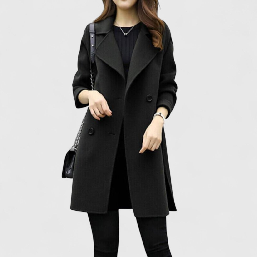 Women's double-breasted wool-look coat with wide lapels - black