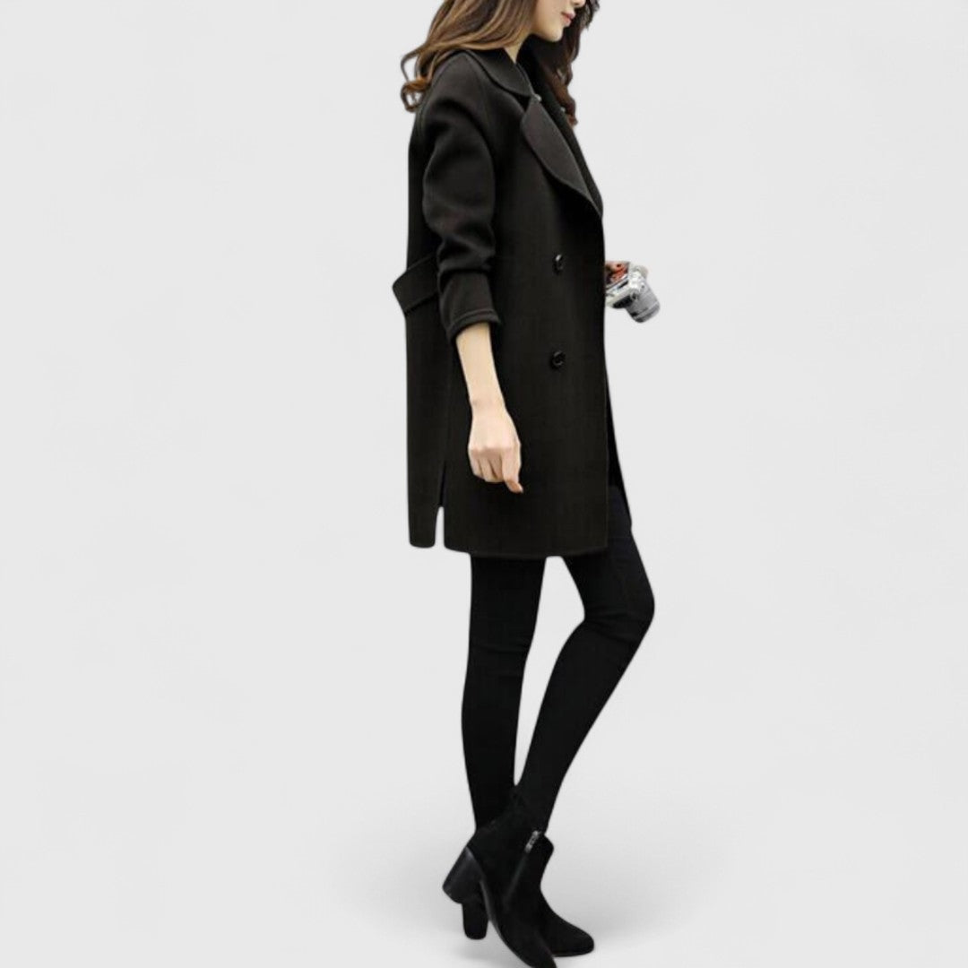 Women's double-breasted wool-look coat with wide lapels - black