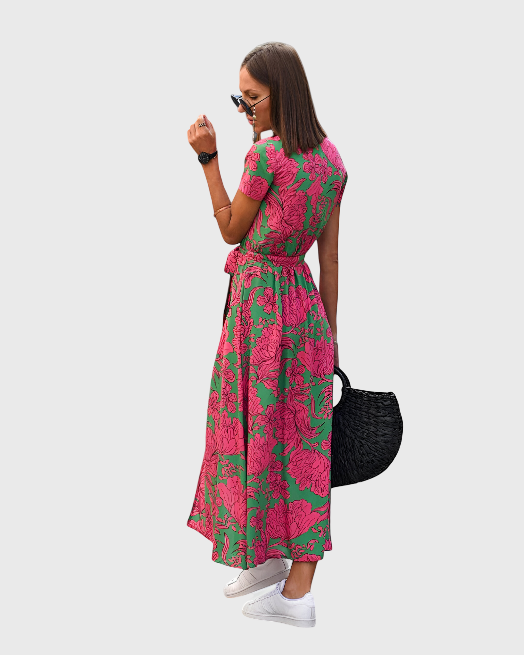 Women's Ankle Length V-Neck Summer Dress – Tie Detail – back view