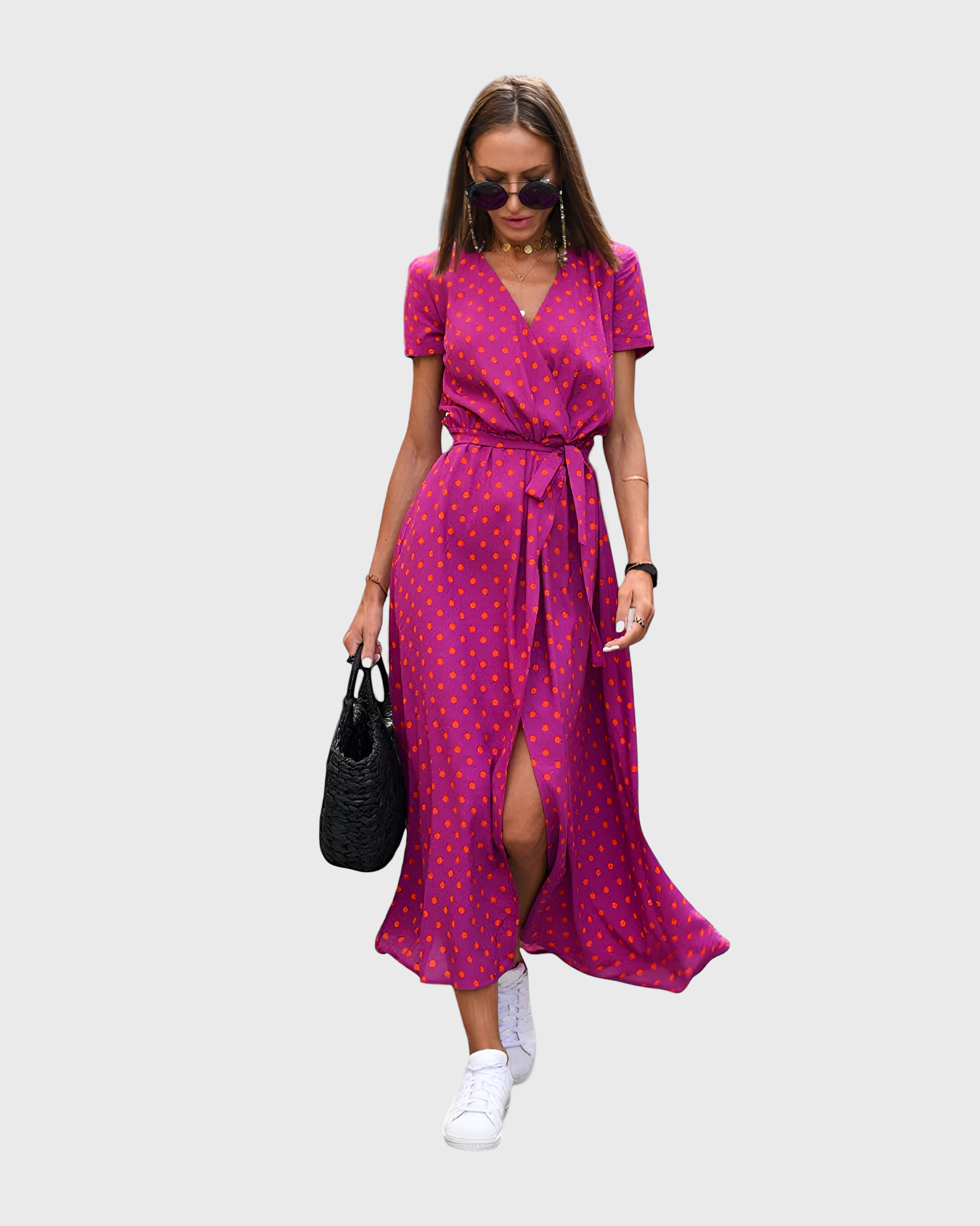 Women's Ankle Length V-Neck Summer Dress – Tie Detail – lifestyle shot