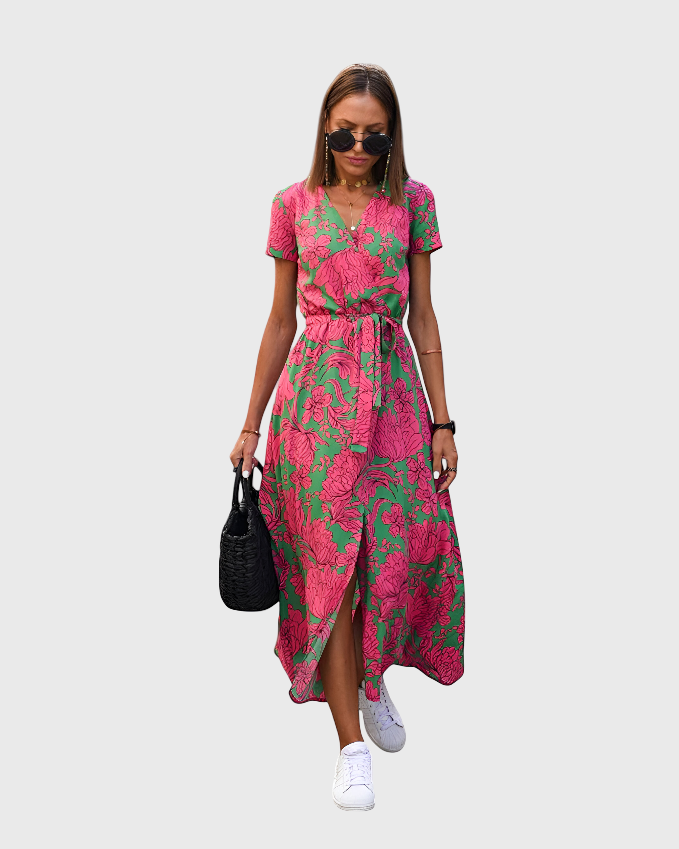 Women's Ankle Length V-Neck Summer Dress – Tie Detail – front view