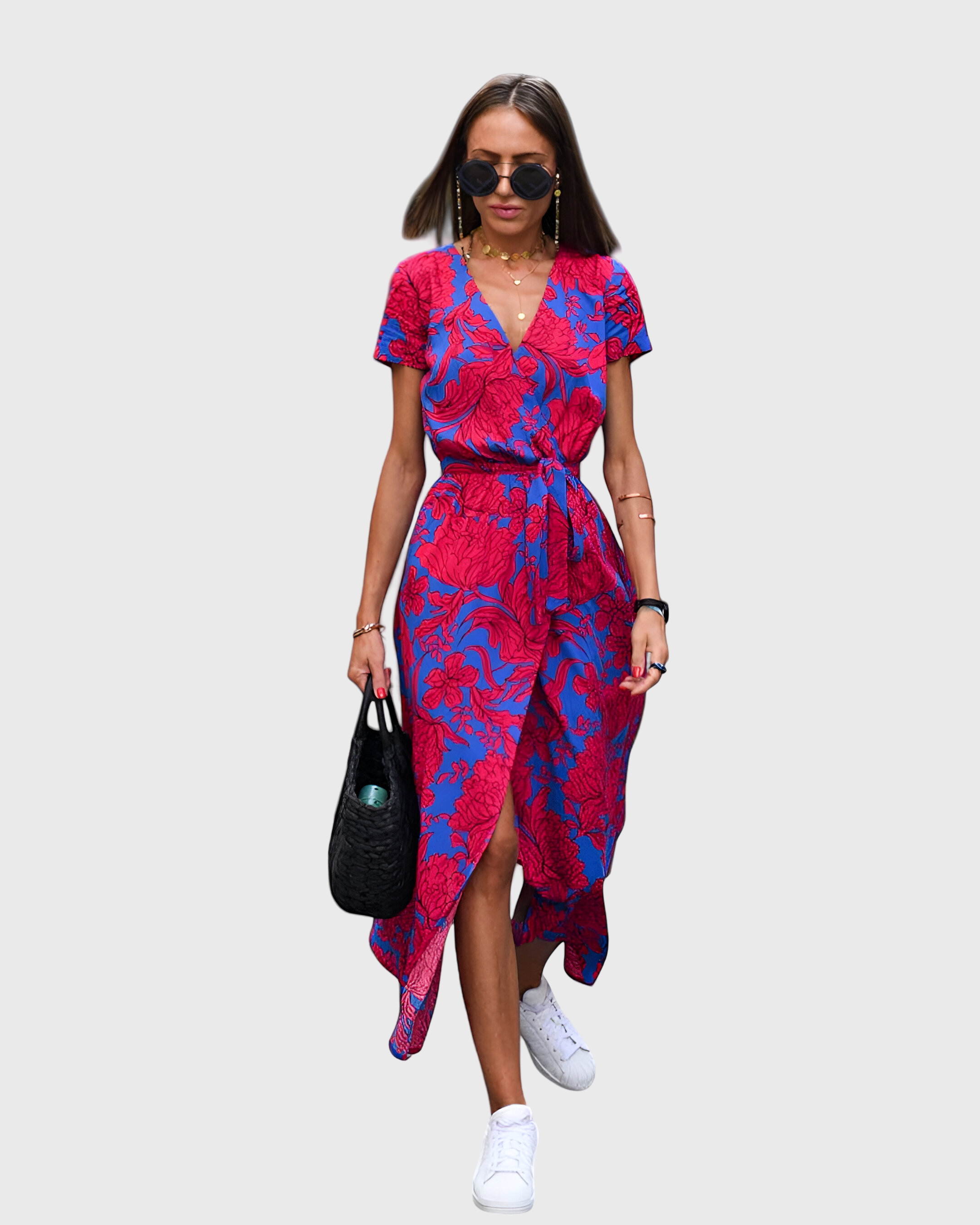 Women's Ankle Length V-Neck Summer Dress – Tie Detail – detail view