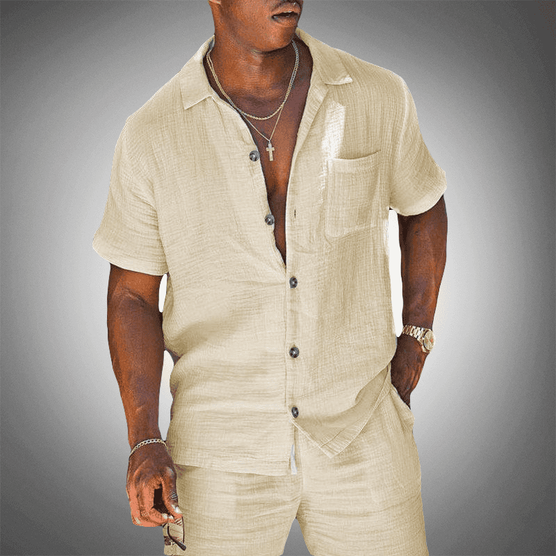 Men's Linen-Blend Co-Ord Set - Breathable Shirt & Shorts in White — side view