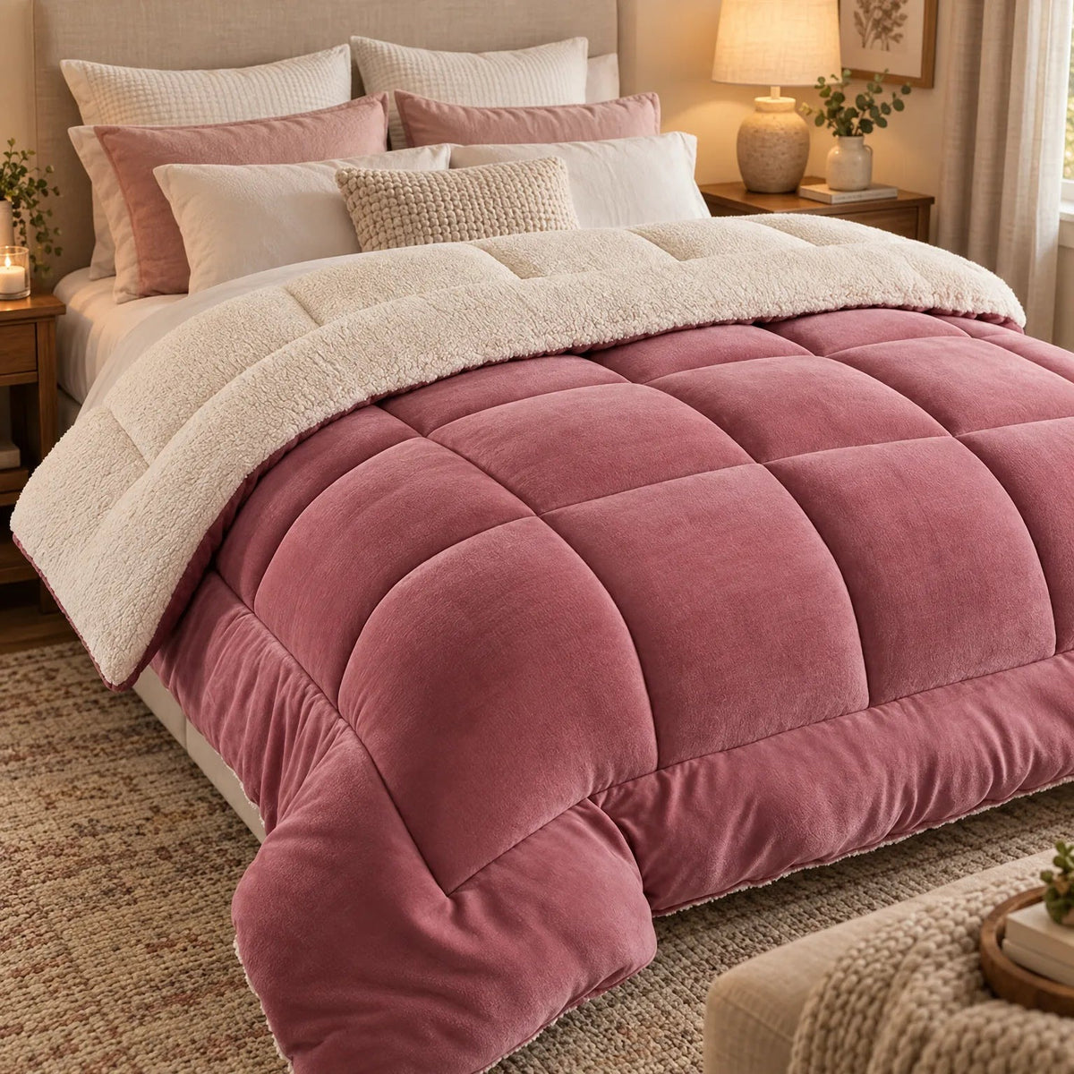 Duvet without cover with a flannel top and a sherpa underside