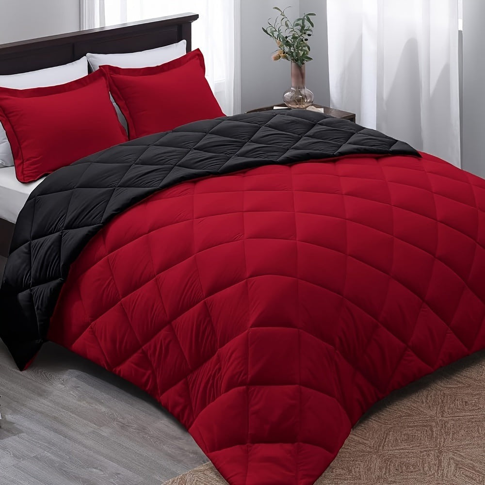 Quilted duvet without a cover on a made double bed - red and black