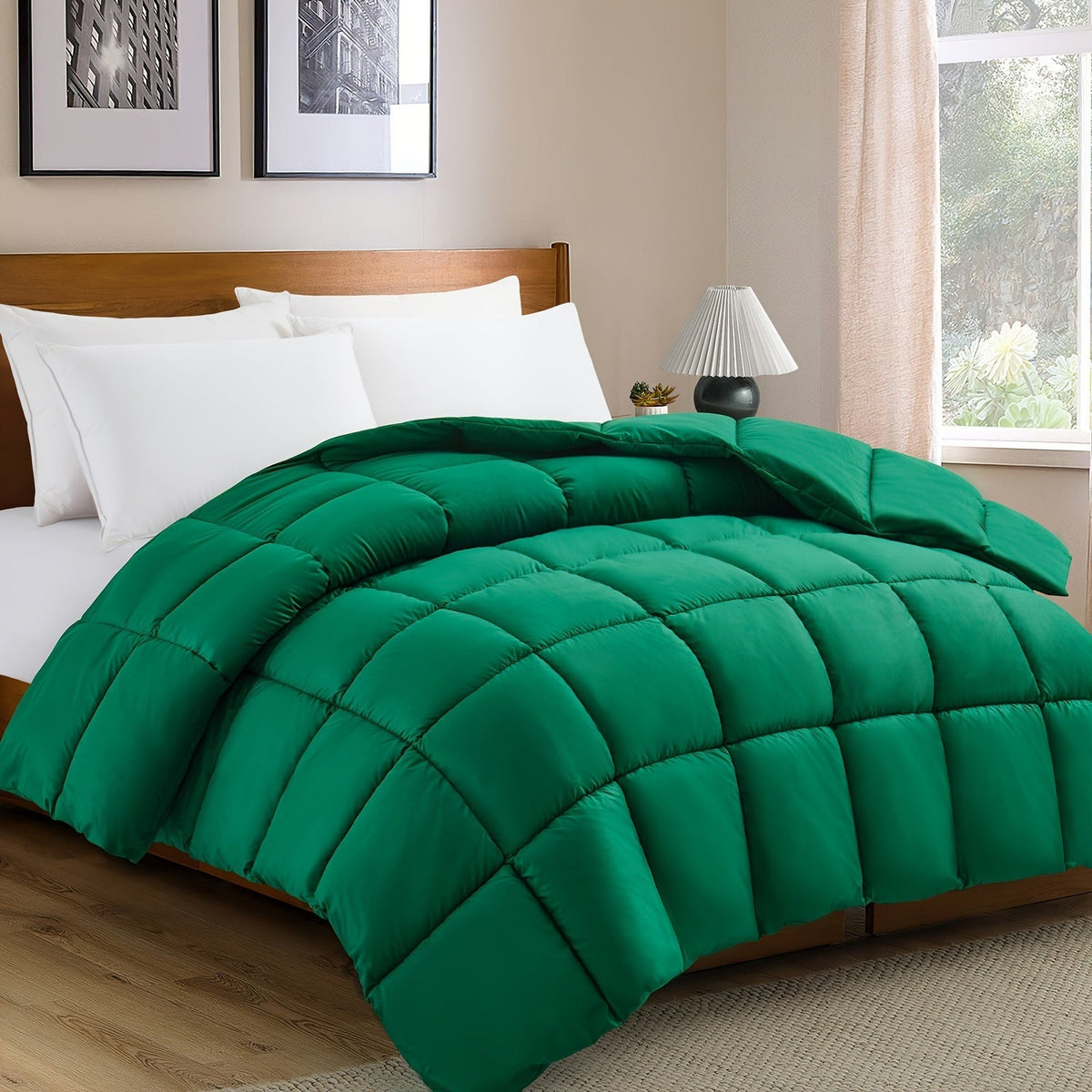 Quilted duvet without a cover on a made double bed - green