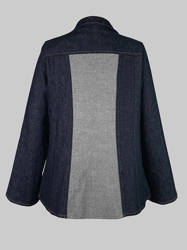 Fitted indigo denim blazer with pale grey contrast panels