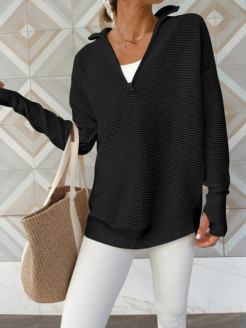 Women's half zip ribbed knit jumper in Black