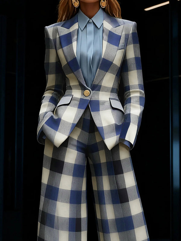 Blue and cream checked blazer with a notched collar and flap pockets