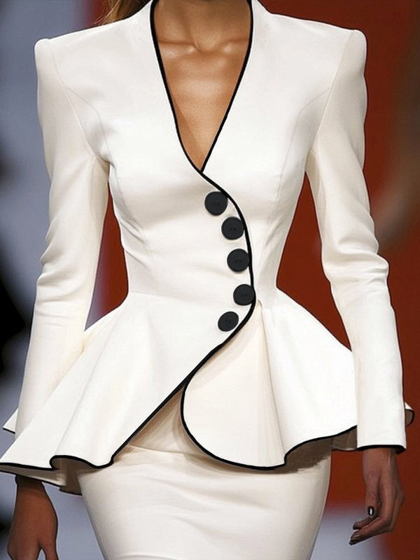 White peplum jacket with black contrast piping and curved button front