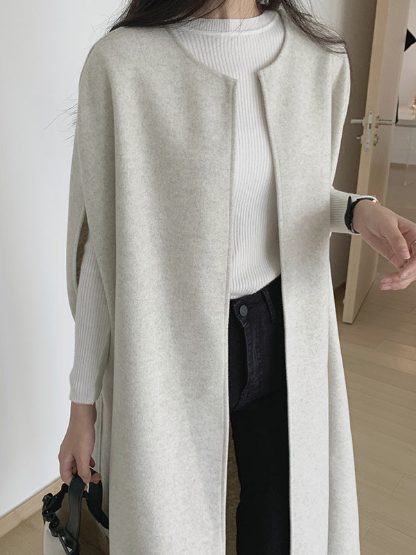 Sleeveless longline cape with a round neck and open front