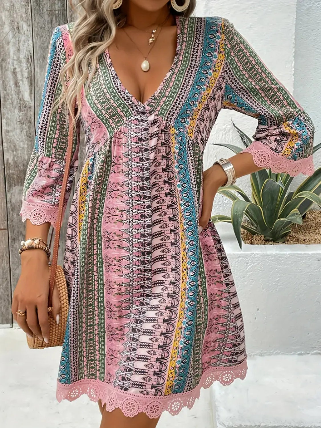 Women's boho print dress with lace trim in Blush Pink