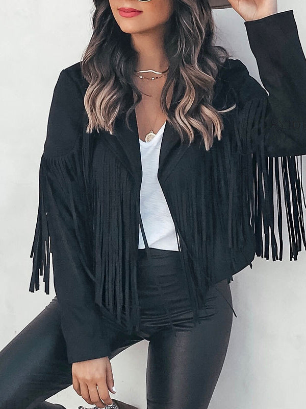 Short fringed jacket with a notch lapel and open front in black