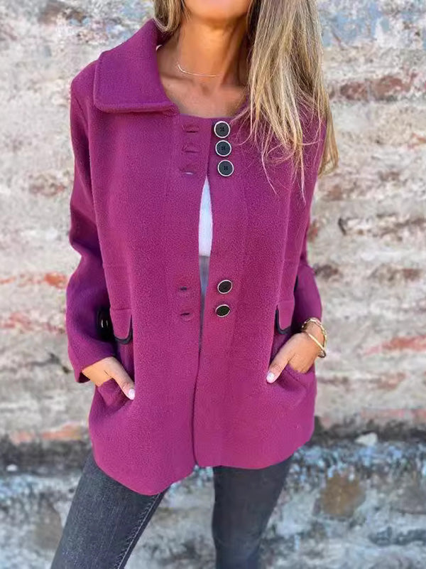 Soft knitted jacket with a wide fold-over collar and ring trims on the pockets in purple