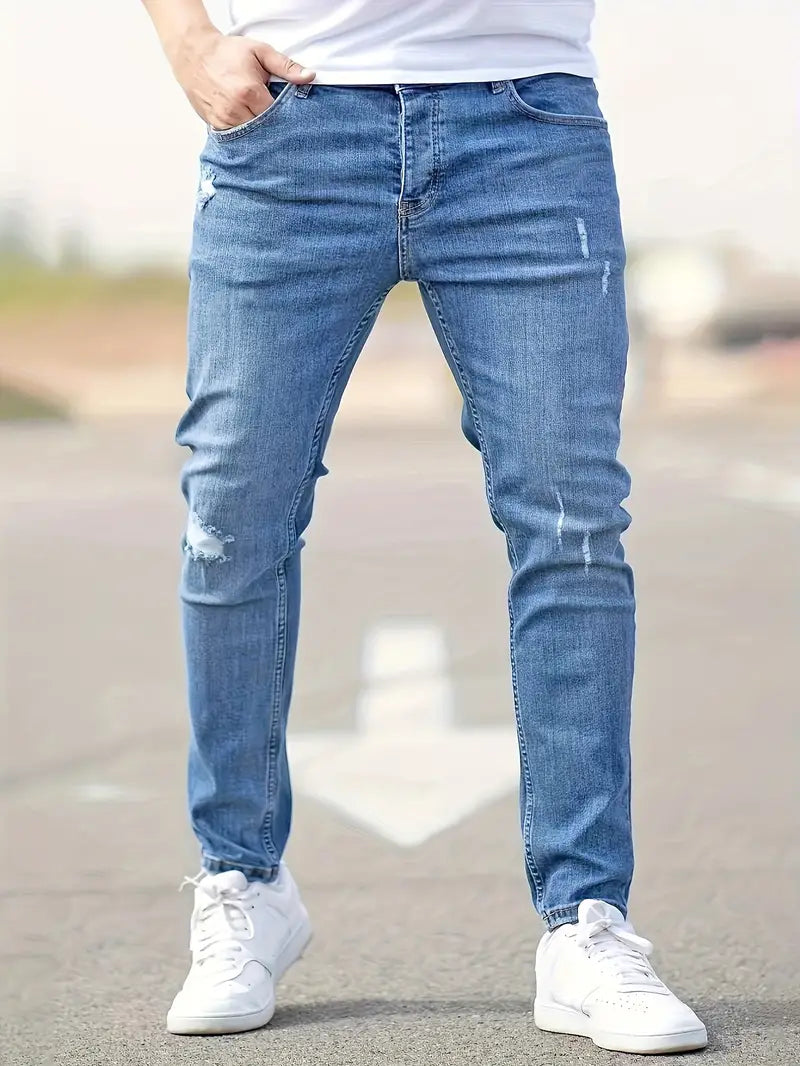 Men's Slim Fit Distressed Jeans - front view | SAINT DOR