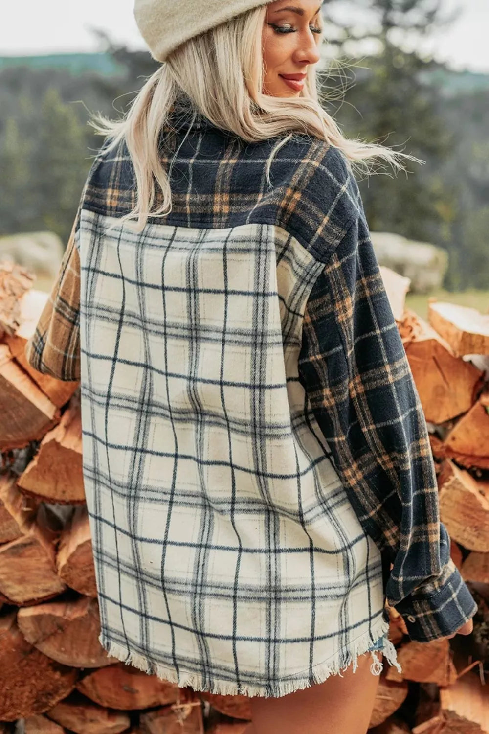 Women's patchwork check shacket - detail