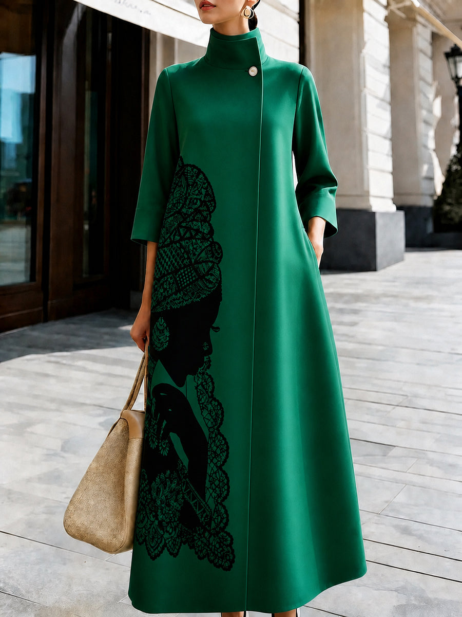 Swing coat with a large lace-style print, high neck and wide skirt