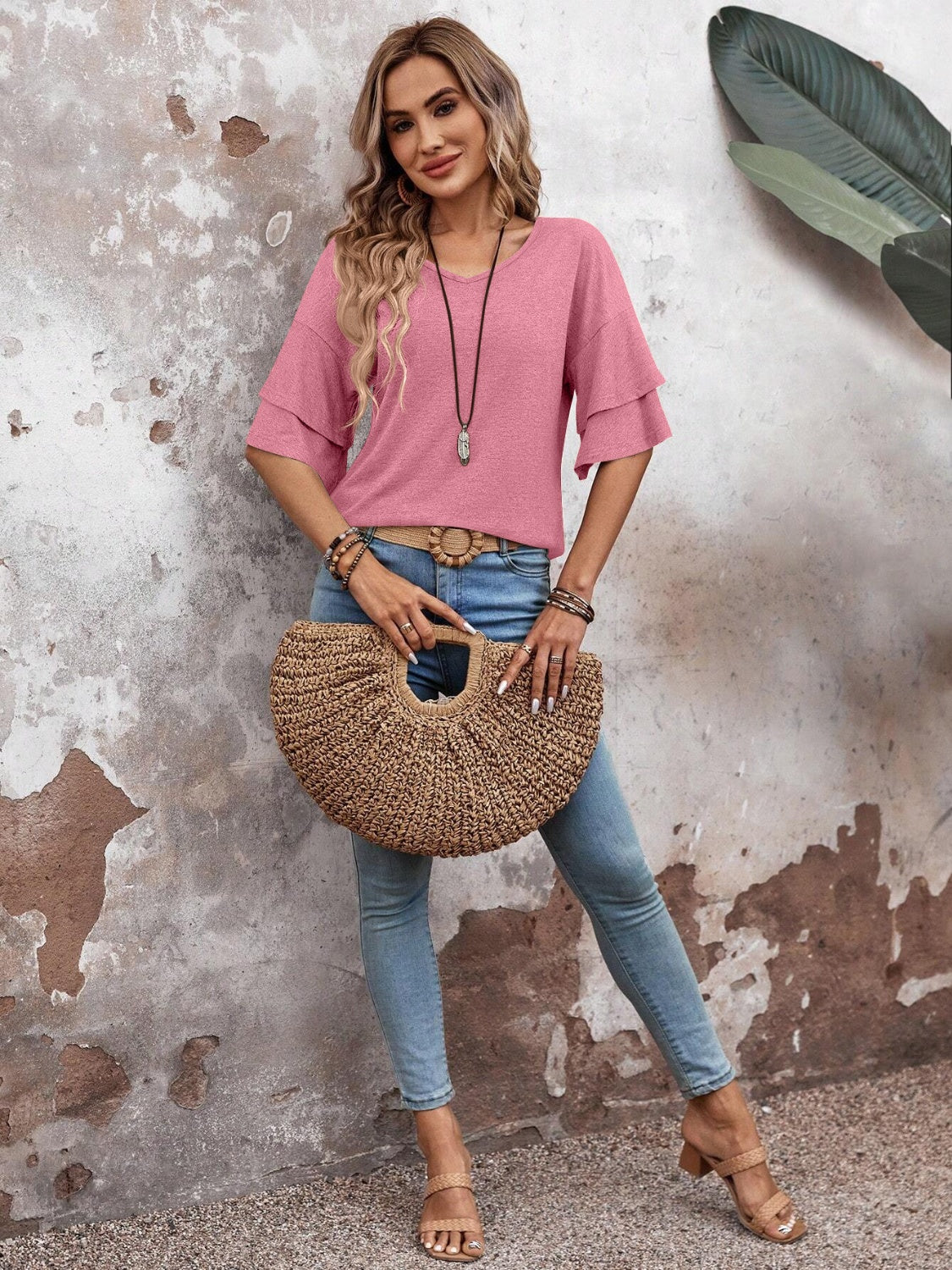 Women's layered flutter sleeve blouse in Dusty Pink