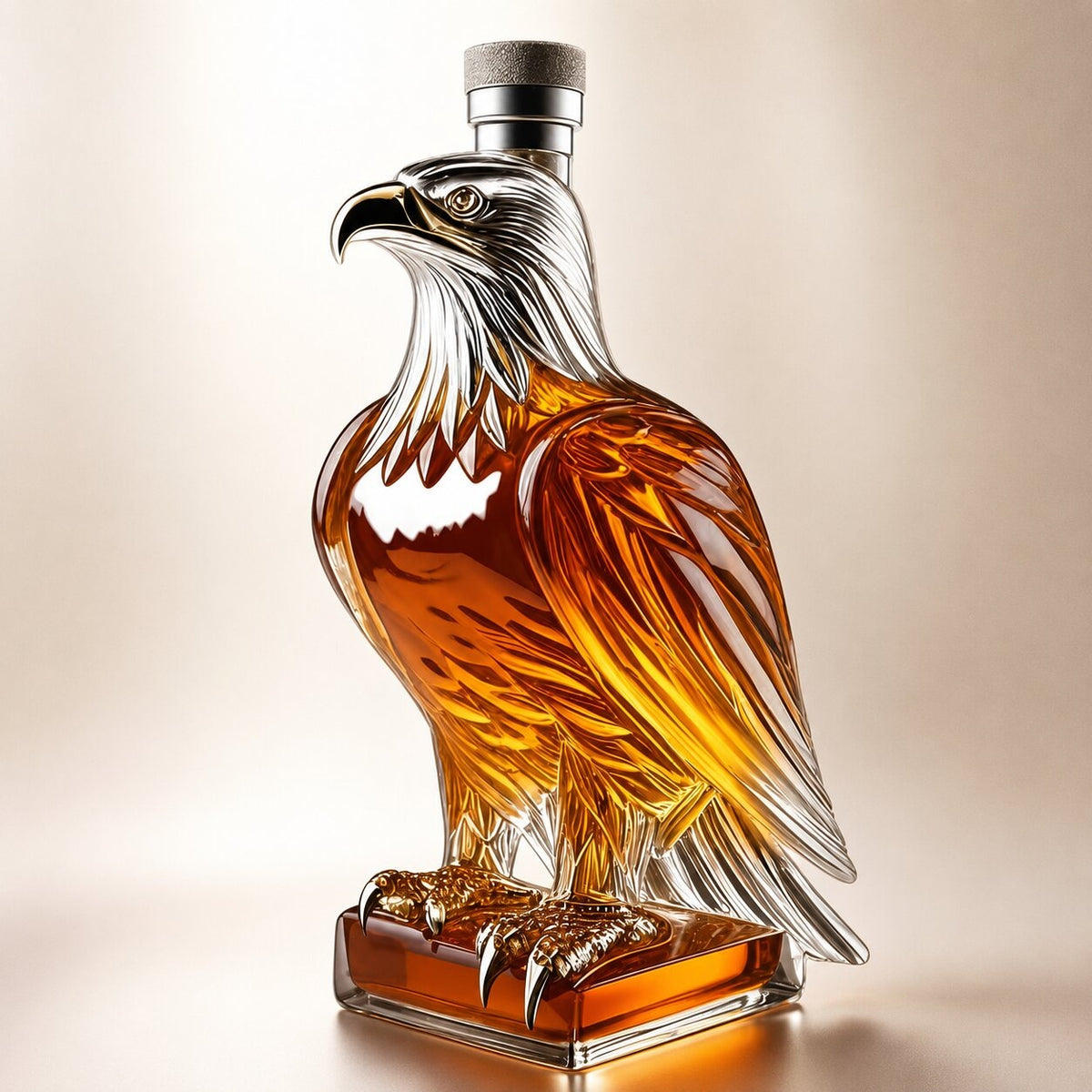 Glass whisky decanter shaped like an eagle on a glass base