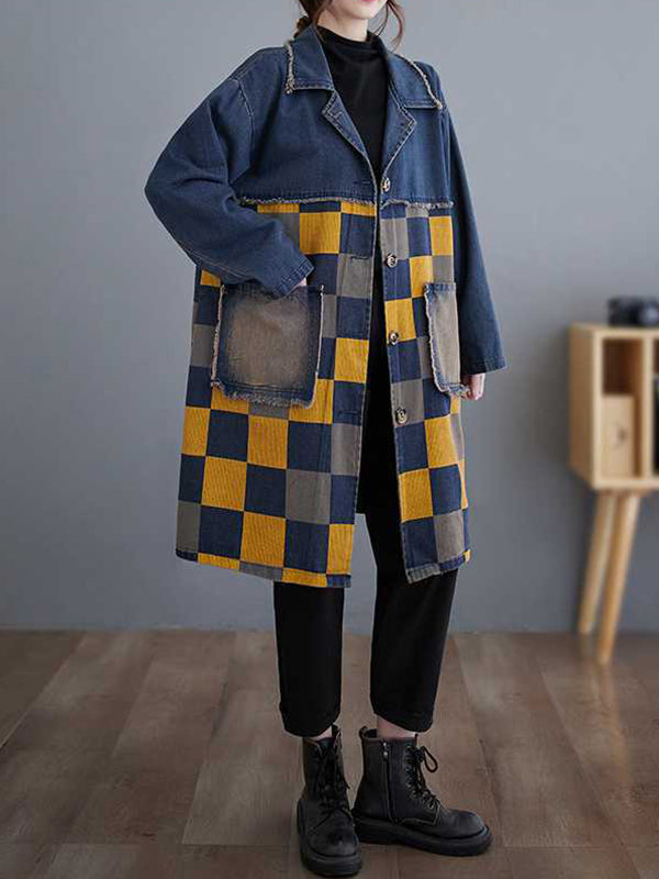 Longline denim jacket with a yellow and navy checkerboard panel