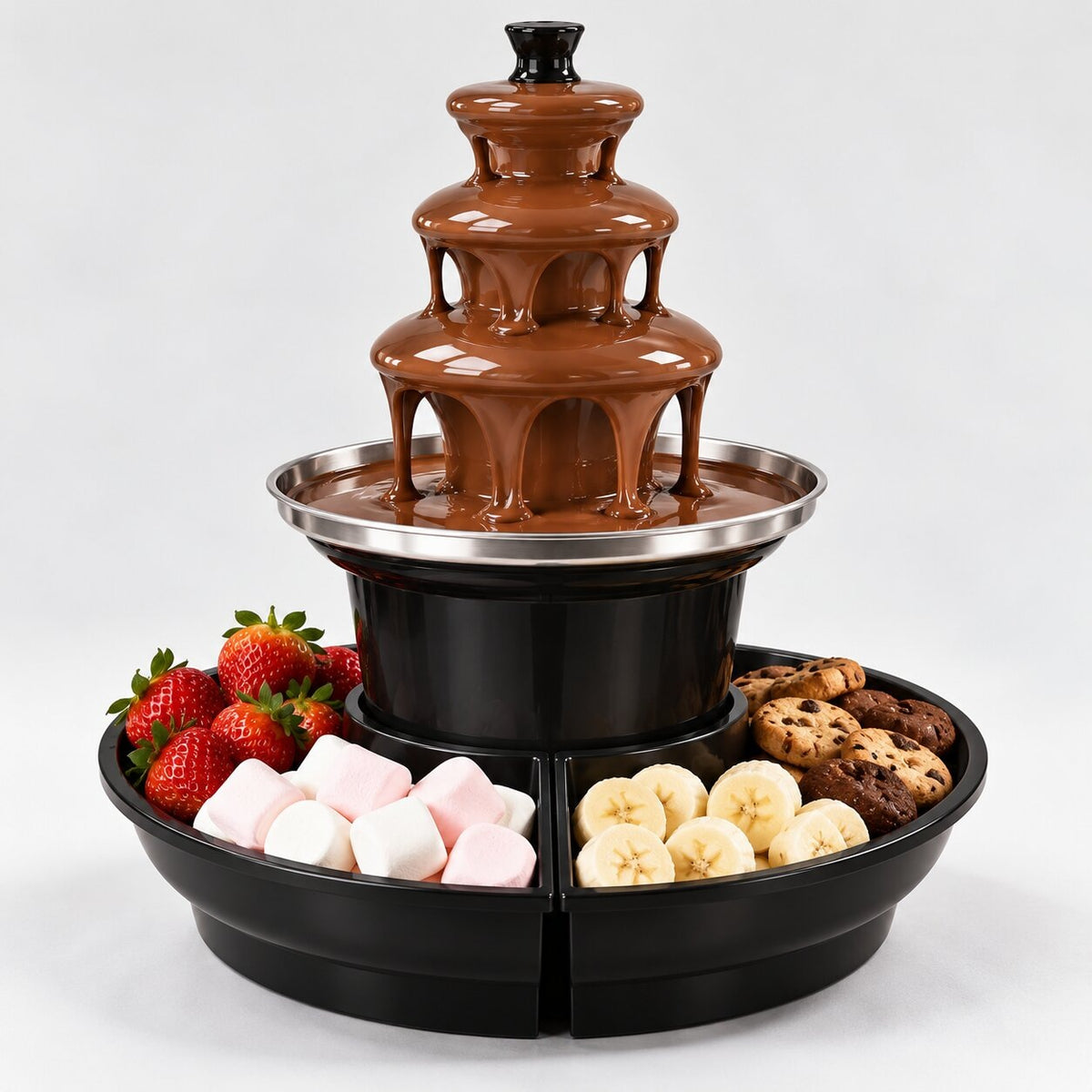 Electric chocolate fountain with 3 tiers and a tray with compartments
