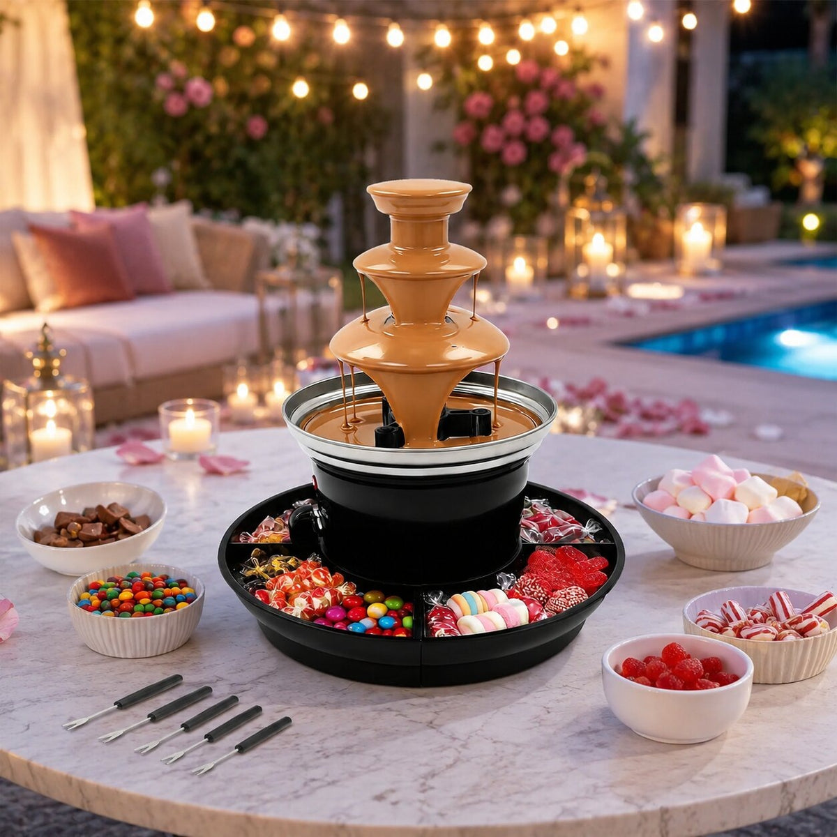Electric chocolate fountain with 3 tiers and a tray with compartments - view 7